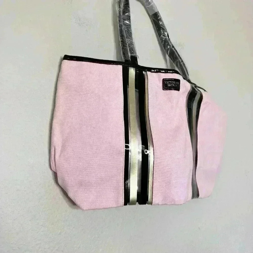 Victoria Secret TRAVEL Glass Stripe City Tote Bag BEACH Wristlet Pink Black Ltd - Picture 2 of 5